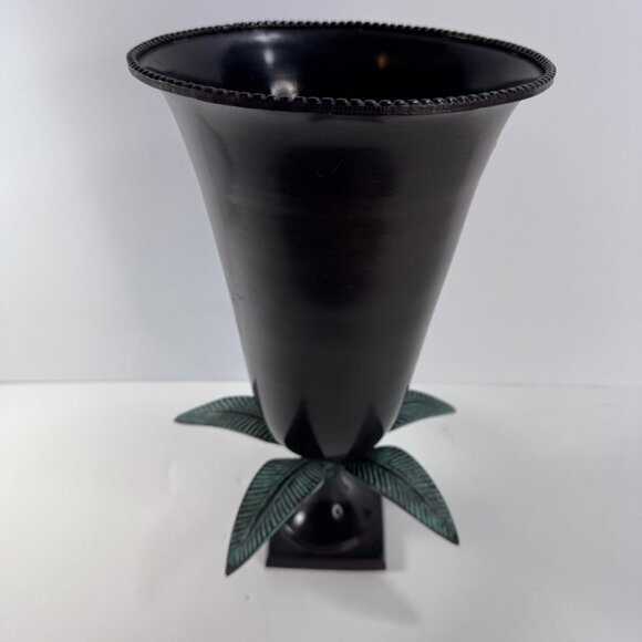 Tall Dark Finish Brass Fluted Vase w/ Brass Green Leaves 12.5" tall - Picture 1 of 10